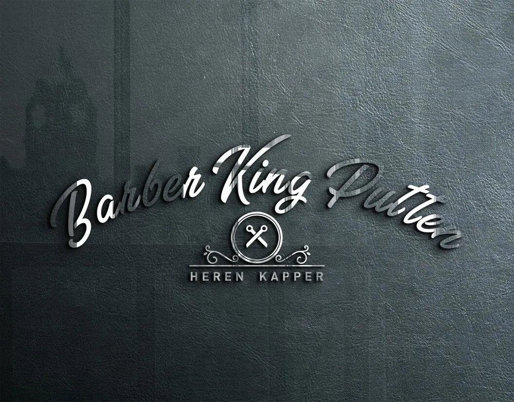 Logo- en huisstijlontwerp voor Barber King Putten, in 3D op een wand gepresenteerd, door ZON Reclame.