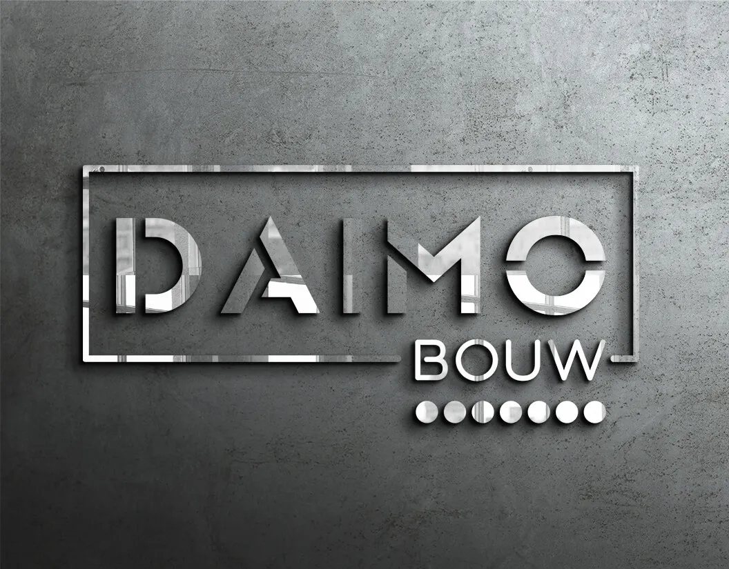 Logo- en huisstijlontwerp voor Daimo Bouw, in 3D op een wand gepresenteerd, door ZON Reclame.
