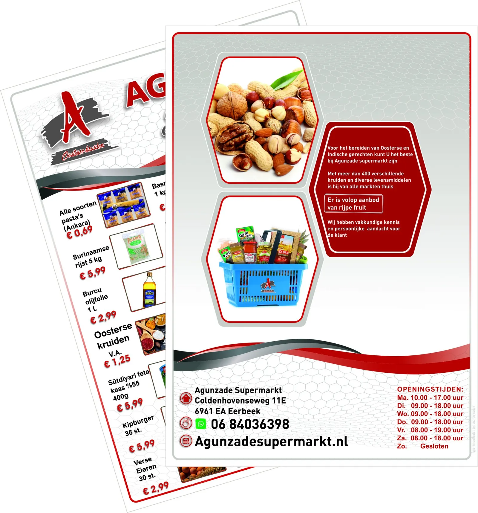 Dubbelzijdige A5-folder met aanbiedingen voor Agunzade Supermarkt in Eerbeek, door ZON Reclame.
