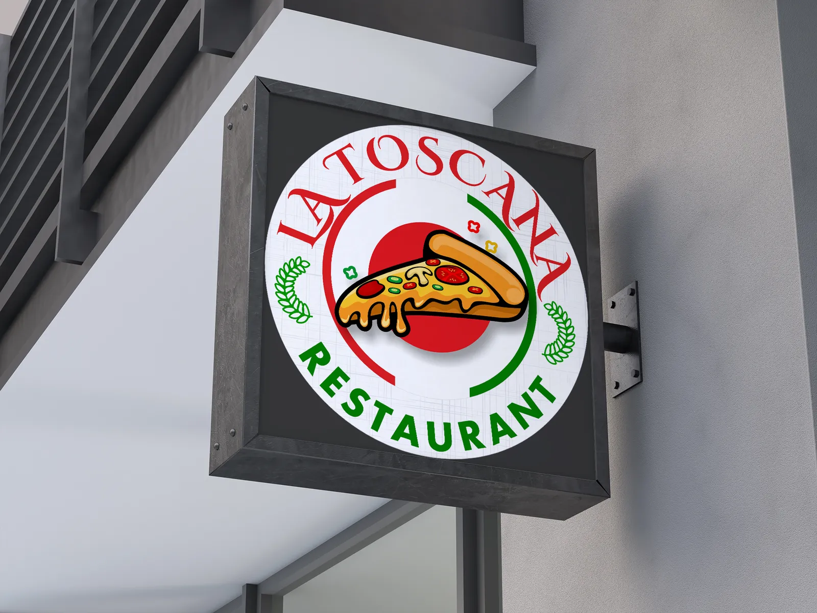 Logo- en huisstijlontwerp voor La Toscana Restaurant, gepresenteerd als verlicht uithangbord, door ZON Reclame.